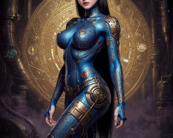 Asian Woman in Steampunk Suit with Golden Accents