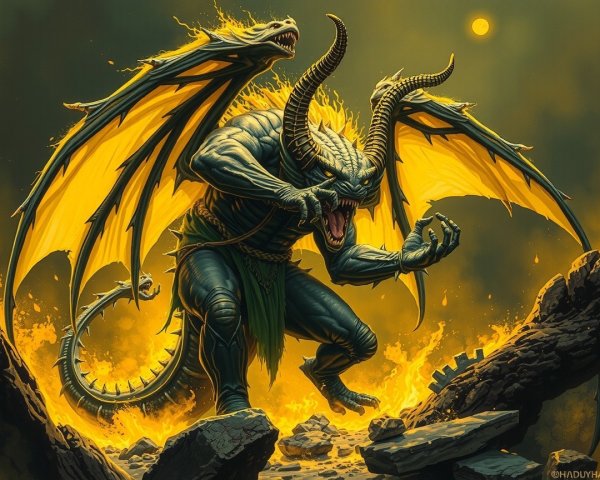 Mythical creature with two heads in a fiery landscape