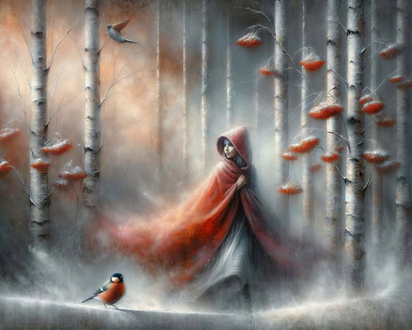 Little Red Riding Hood in a snowy birch forest scene