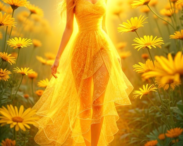 Young woman in yellow dress in flower field