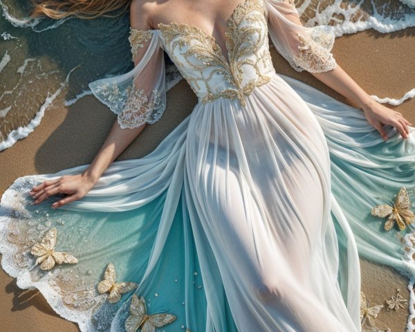 Elegant Woman in Flowing Gown on Sandy Beach