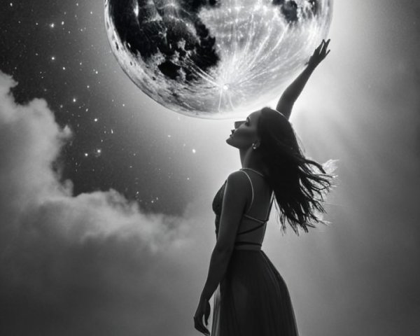 Silhouette of a woman with luminous moon backdrop
