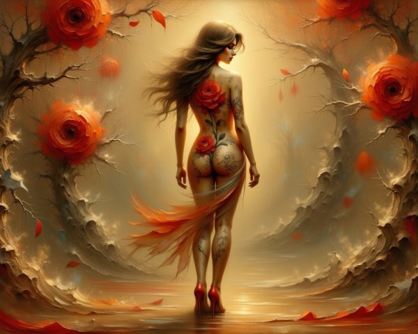 Ethereal Female Figure in Dreamy Rose Landscape