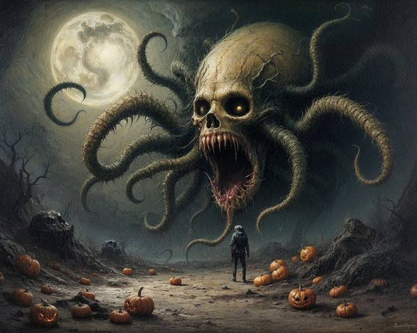 Eerie Landscape with Skull and Tentacles Under Moon