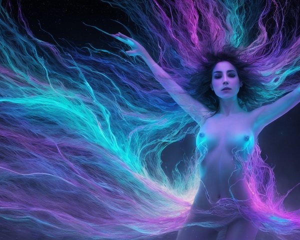 Woman in vibrant colors against a starry cosmos