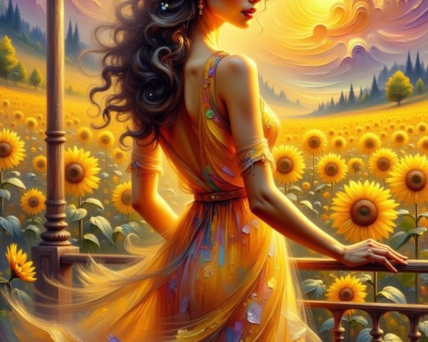 Woman in Orange Dress Surrounded by Sunflowers