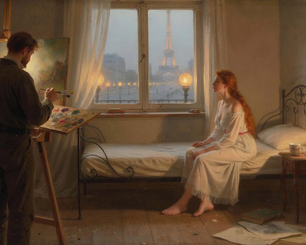 Dimly Lit Room with Artist and Model by Window