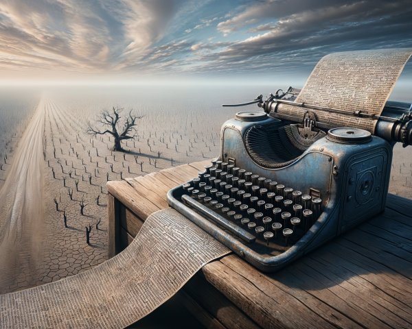 Antique Typewriter on Weathered Table in Barren Landscape