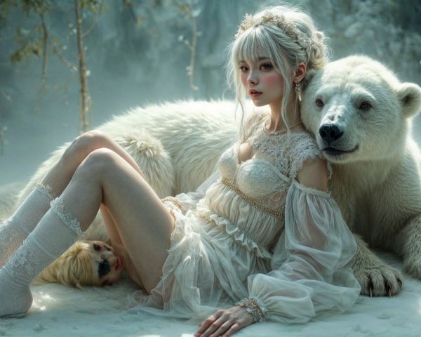 Young Woman with Polar Bear in Snowy Landscape