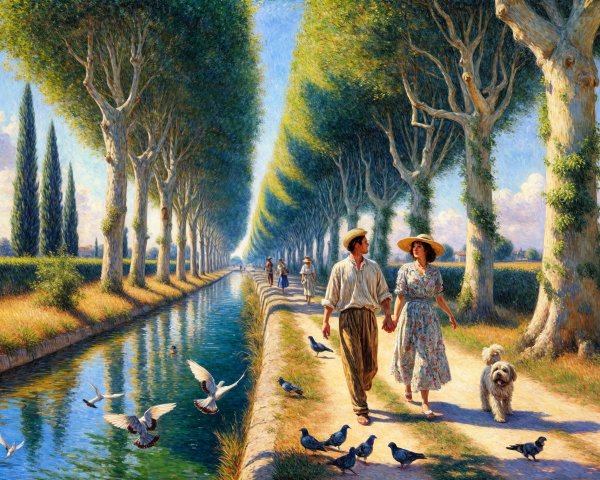 Couple Walking Along Tree-Lined Canal Pathway