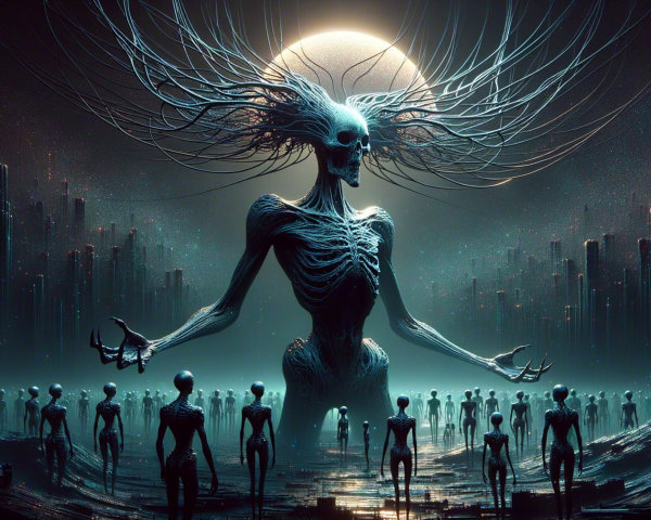 Surreal Landscape with Towering Skeletal Figure