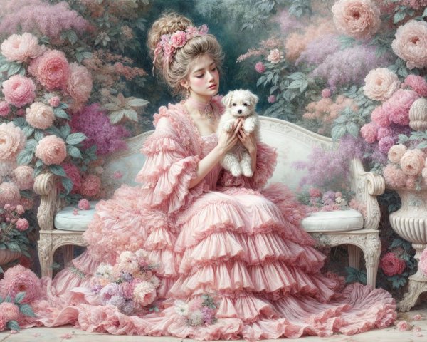 Young Woman in Pink Gown Surrounded by Flowers