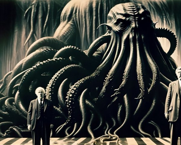 Men in Suits Confront Shadowy Octopus Creature
