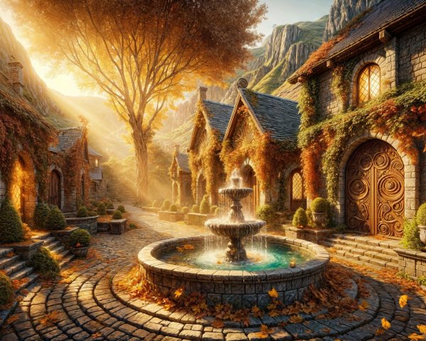 Picturesque Village Scene with Autumn Vibes and Mountains