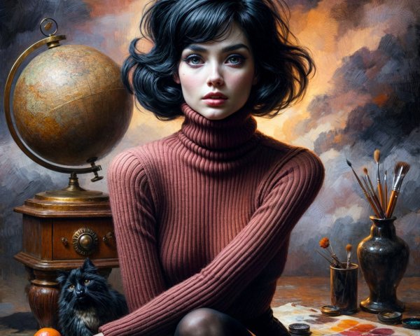 Young Woman in Artistic Setting with Cat and Globe