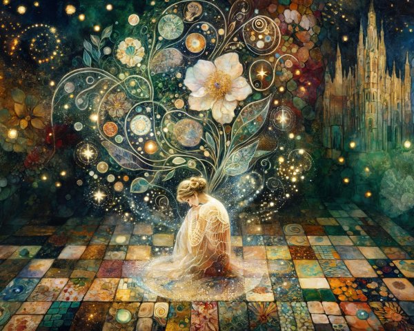 Kneeling Figure in Colorful Ethereal Setting