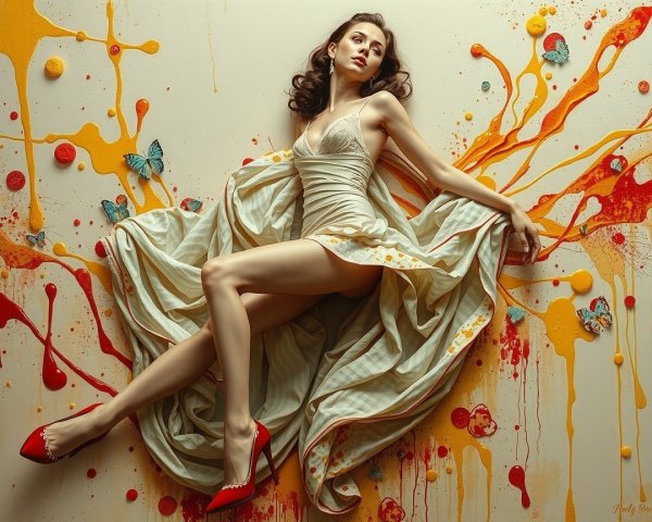Young Woman in Cream Dress Against Colorful Background