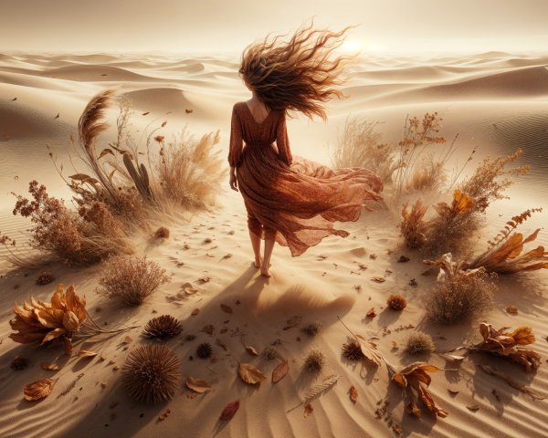 Woman in Rust Dress in Serene Desert Landscape