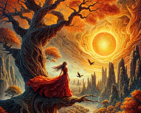 Mythical Landscape with Towering Tree and Sunset