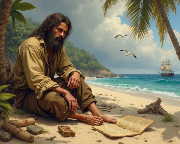 Bearded Man Reading Ancient Book on Beach Scene