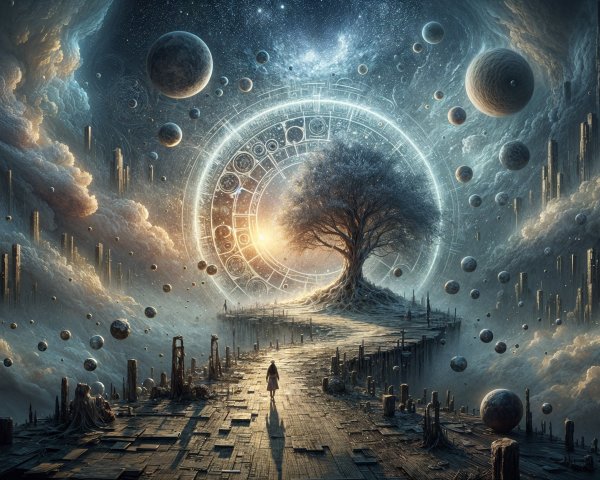 Solitary Figure Walking Towards Majestic Tree Under Stars