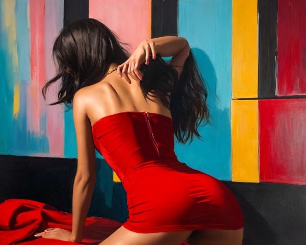 Woman in red dress against vibrant abstract backdrop
