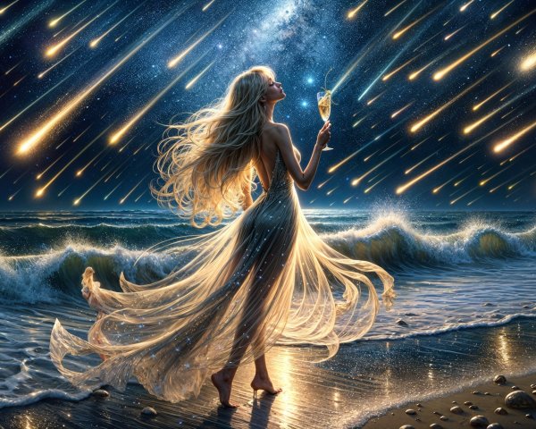 Ethereal Figure on Moonlit Beach with Shooting Stars