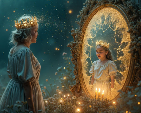 Mystical Scene with Woman, Mirror, and Young Girl
