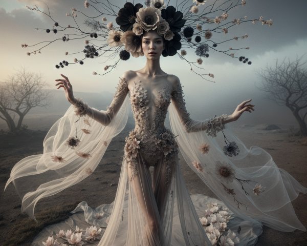 Ethereal Figure in Floral Gown in Muted Landscape