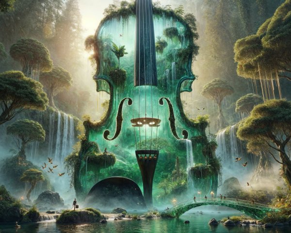 Translucent Violin in a Fantastical Landscape Scene