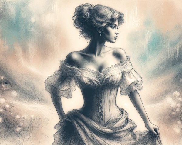 Graceful Woman in Vintage Dress in Dreamlike Setting