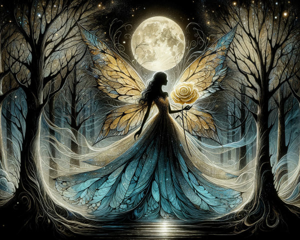 Mystical Fairy in Enchanted Forest Under Full Moon