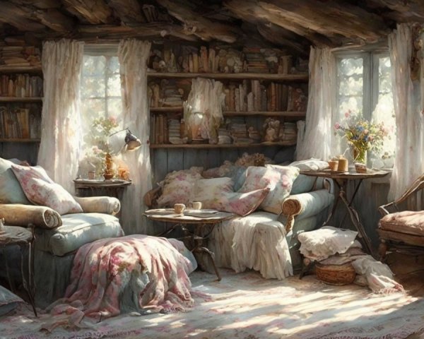 Cozy Sunlit Room with Rustic Decor and Bookshelves