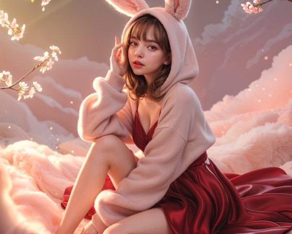 Young woman in oversized bunny hoodie with cherry blossoms