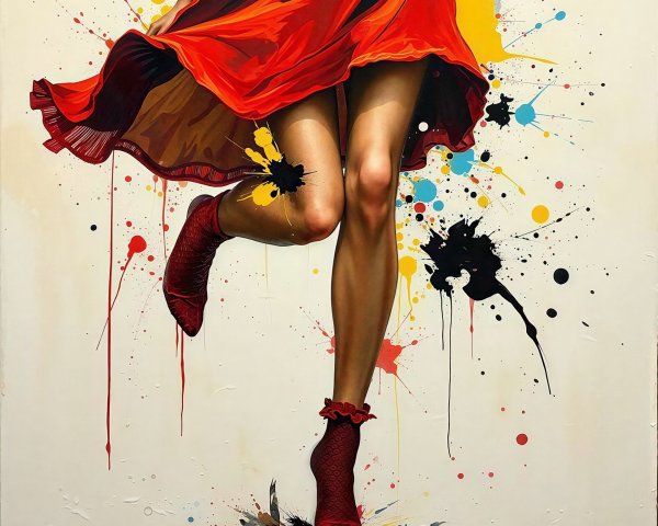 Vibrant Acrylic Painting of Young Adult Female in Red Dress