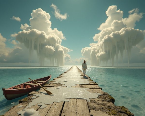 Wooden Pier Overlooks Serene Sea with Dreamlike Clouds