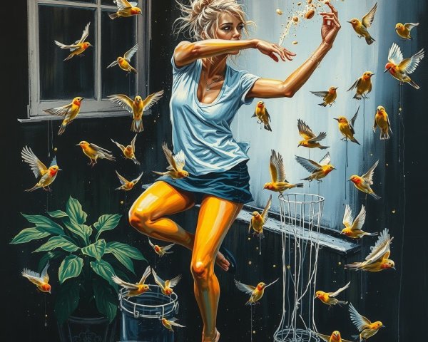 Woman in casual outfit interacts with canary birds