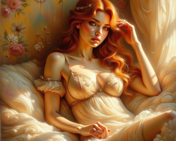 Young woman in gown on plush background with floral decor