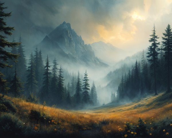 Majestic Mountain Range with Mist and Evergreen Trees