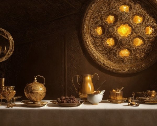 Opulent Dining Scene with Golden Tableware and Ambiance