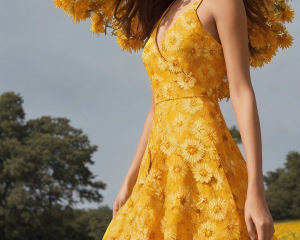Young woman in yellow dress in sunflower field