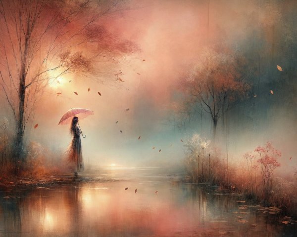 Serene landscape with figure and autumn foliage