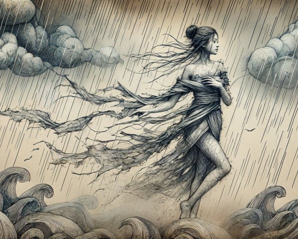Ethereal Figure Amidst Stormy Waves and Clouds