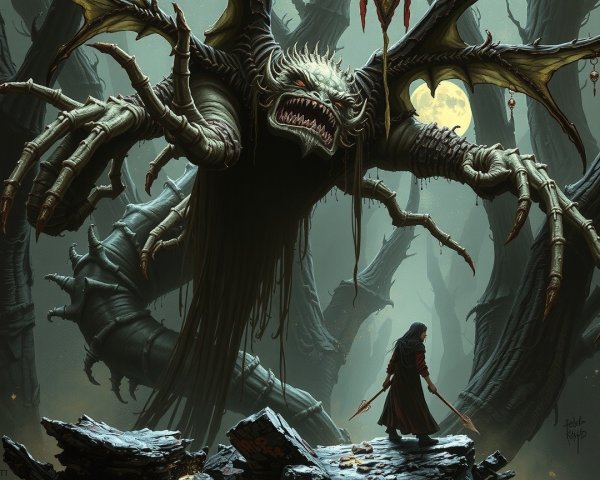 Menacing creature confronts lone figure in dark forest