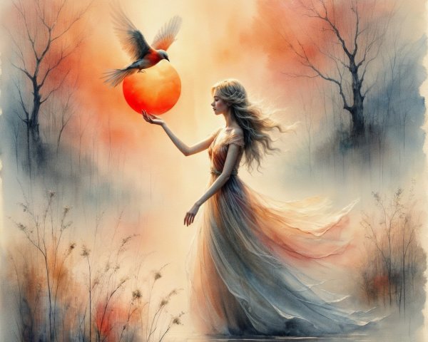 Woman in Gown Holding Sun in Tranquil Landscape