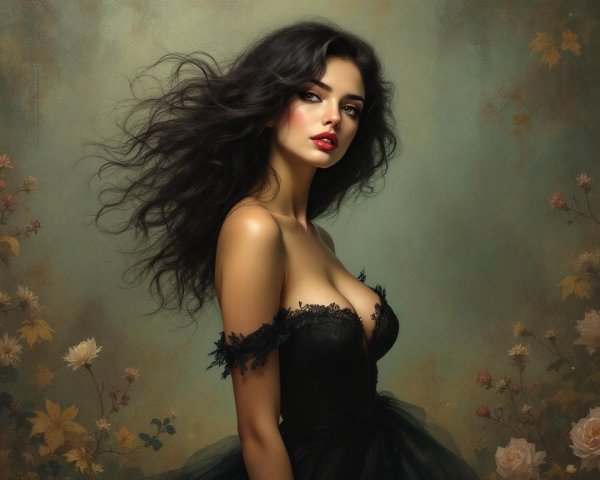 Portrait of a woman in elegant black dress with flowers