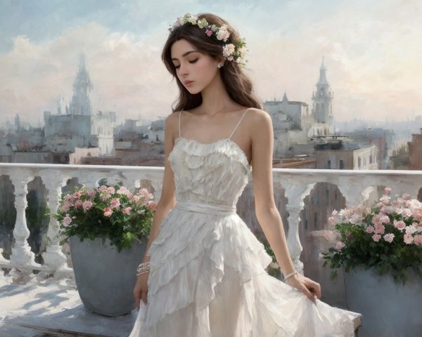 Young Woman in White Dress on Scenic Balcony