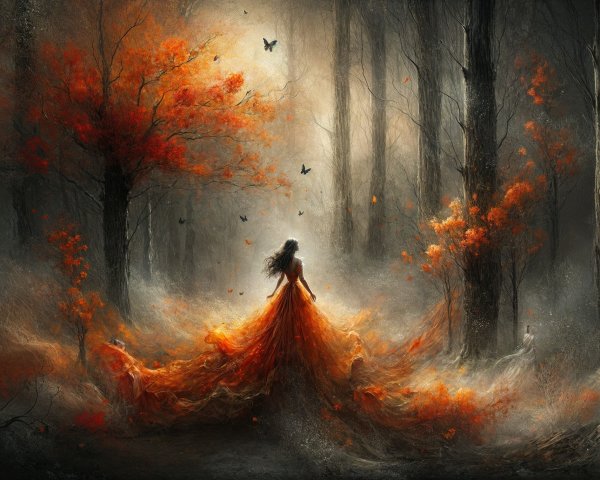 Mystical forest scene with figure in orange gown