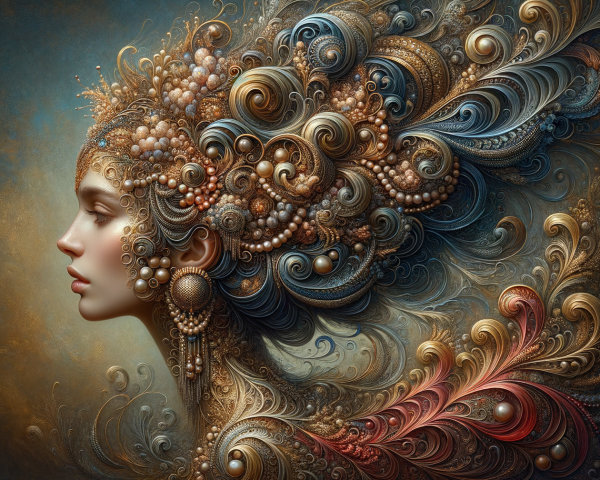 Profile of a woman with intricate patterns and flowing hair