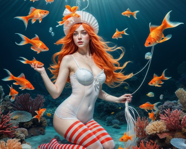 Underwater Scene with Woman in White Swimsuit and Coral